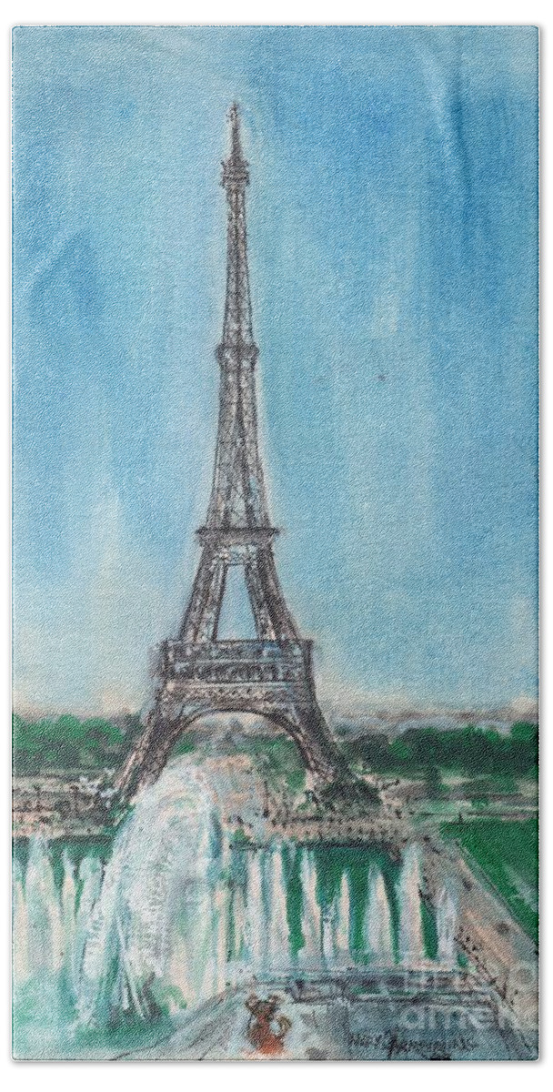 Eiffel Tower Bath Towel featuring the painting Love of the Eiffel by Mary Armstrong