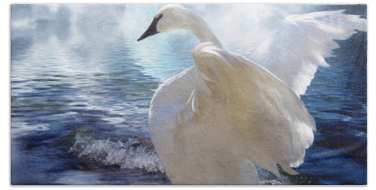 Swan Hand Towel featuring the mixed media Love Swept by Carol Cavalaris