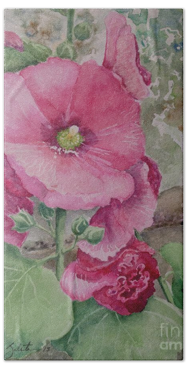 Hollyhocks Bath Towel featuring the painting Lovely Hollies by Marilyn Zalatan
