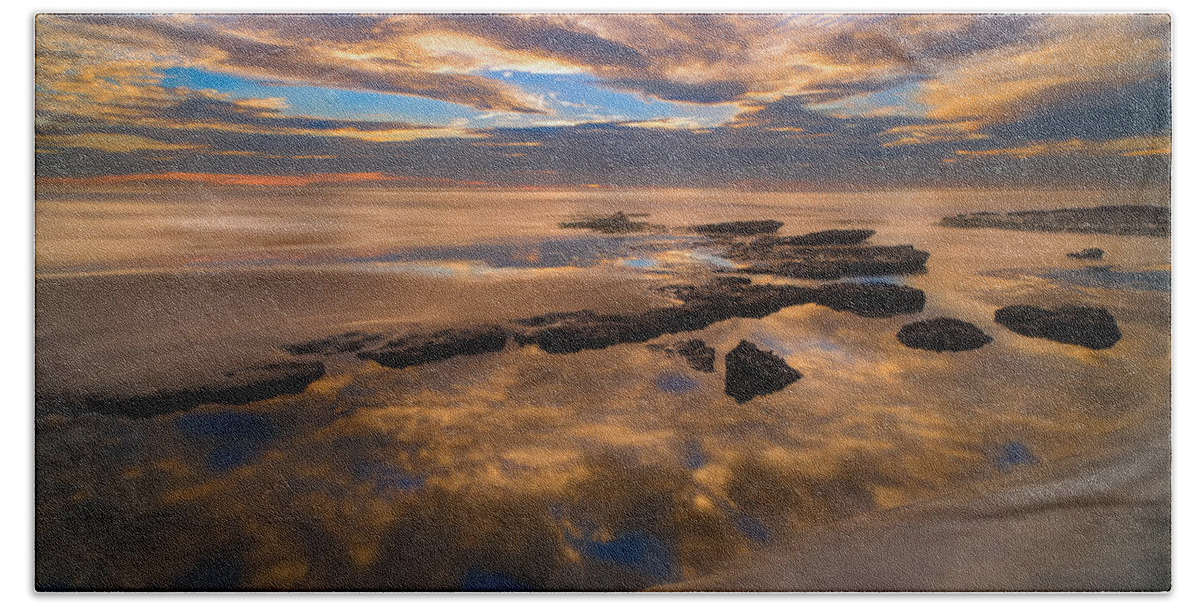 California; Long Exposure; Ocean; Reflection; San Diego; Seascape; Sky; Sunset; Surf; Seaside; Sun; Clouds; Reef Bath Towel featuring the photograph Low Tide Reflections by Larry Marshall