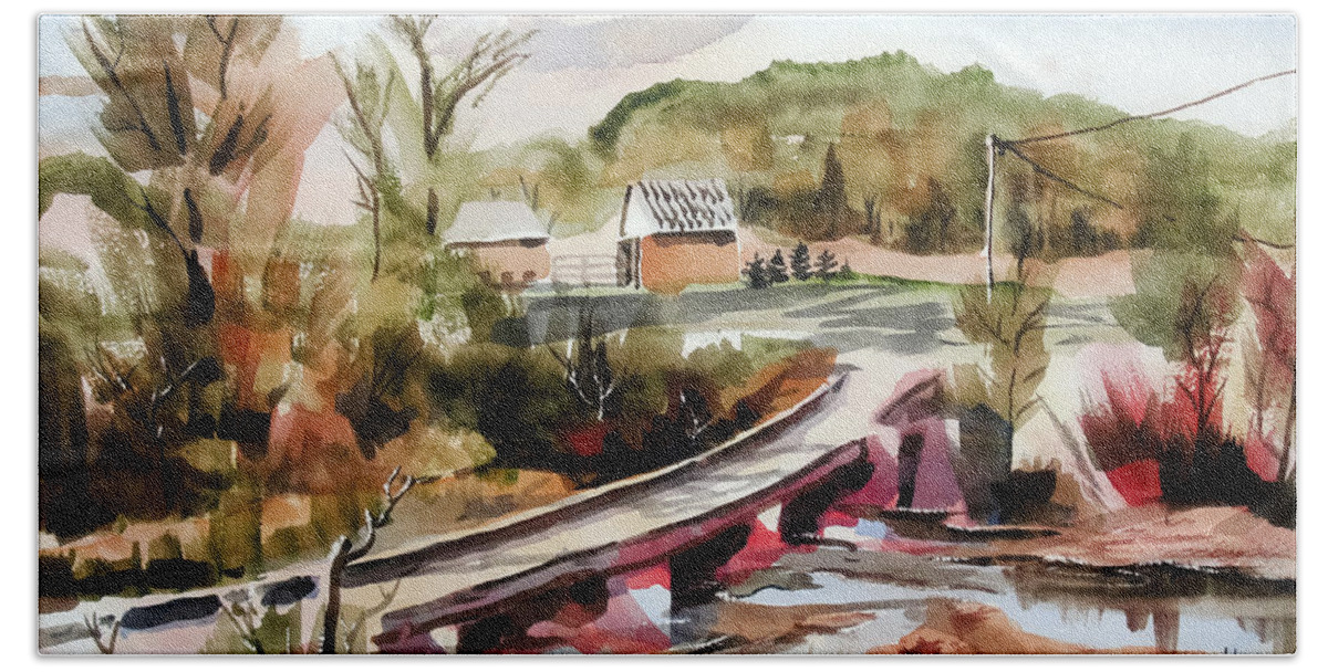 Low Water Bridge Across Stouts Creek Hand Towel featuring the painting Low Water Bridge Across Stouts Creek by Kip DeVore
