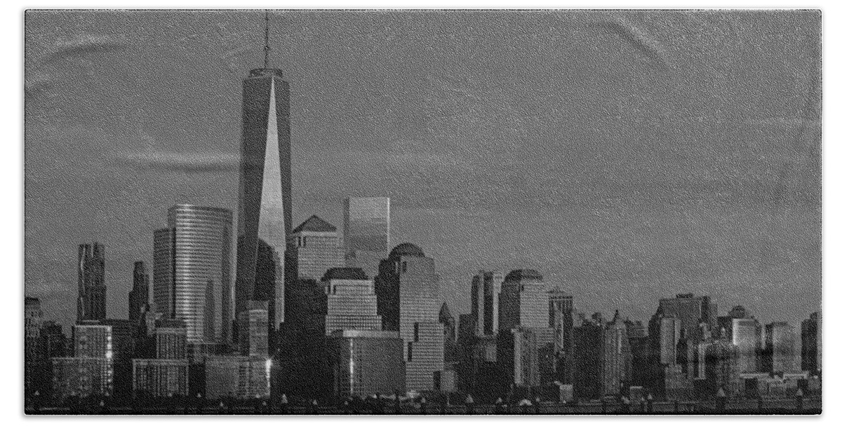 World Trade Center Hand Towel featuring the photograph Lower Manhattan Skyline BW by Susan Candelario