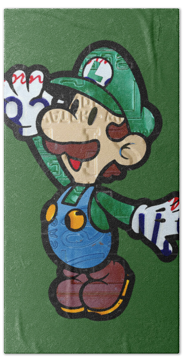 Luigi Hand Towel featuring the mixed media Luigi from Mario Brothers Nintendo Original Vintage Recycled License Plate Art Portrait by Design Turnpike
