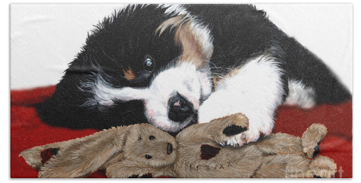 Bernese Mountain Dog Bath Towel featuring the painting Lullaby Berner and Bunny by Liane Weyers