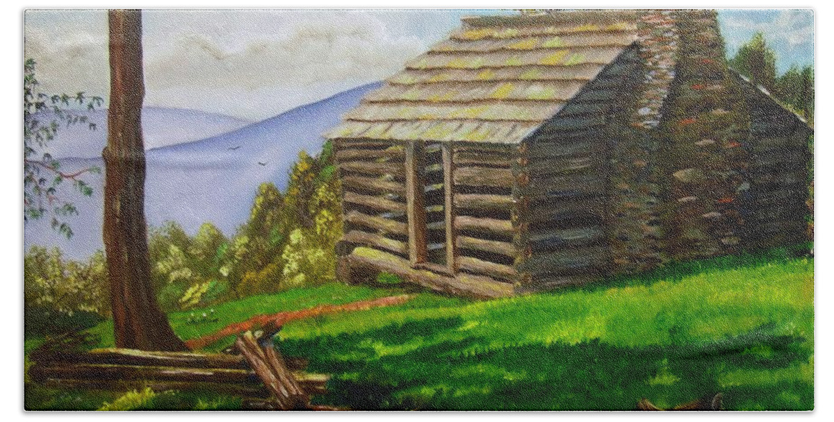 Old Cabin Hand Towel featuring the painting Lunch at an Old Cabin in the Blue Ridge by Nicole Angell