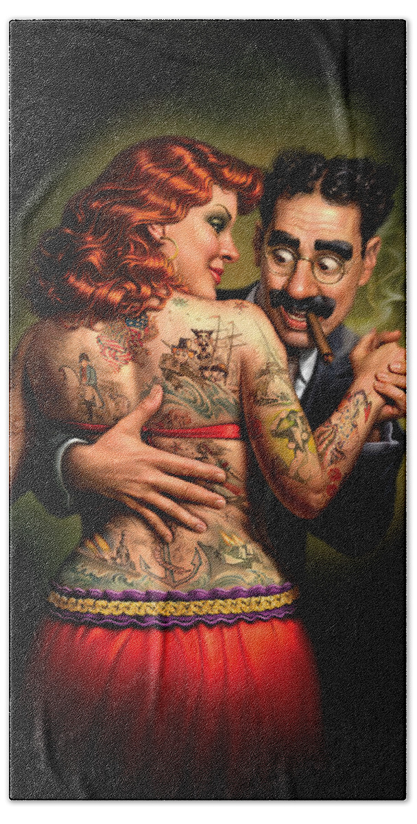 Tattoos Hand Towel featuring the painting Lydia the Tattooed Lady by Mark Fredrickson