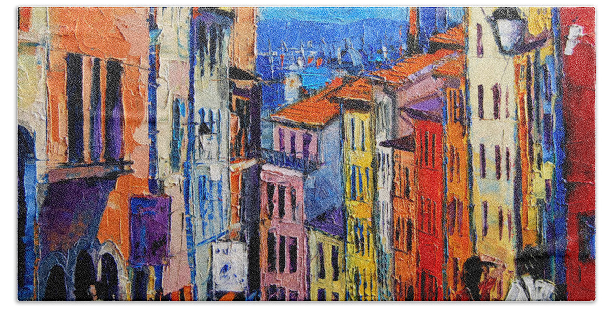 Lyon Colorful Cityscape Hand Towel featuring the painting Lyon Colorful Cityscape by Mona Edulesco