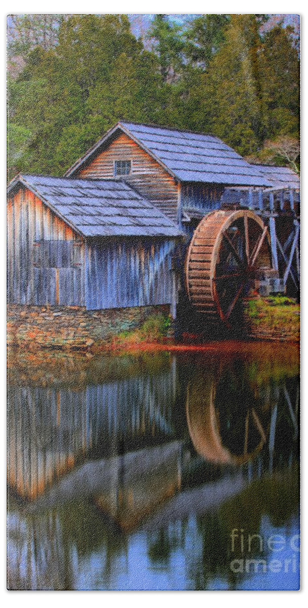 Mabry Mill Bath Towel featuring the photograph Mabry Mill Evening Reflections by Adam Jewell