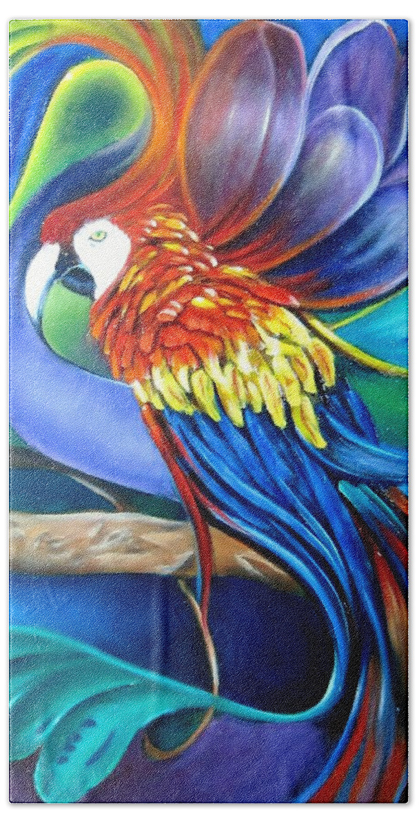 Curvismo Bath Towel featuring the painting Macaw by Sherry Strong