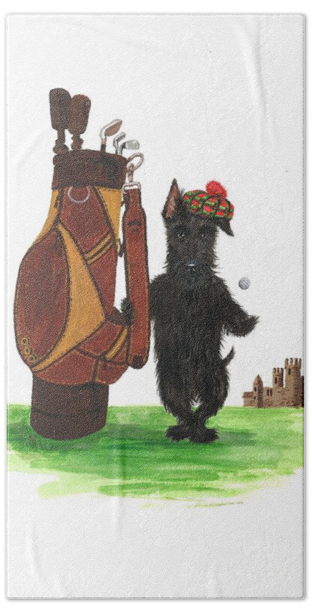 Scottish Terrier Bath Towel featuring the painting MacDuff Plays Golf by Margaryta Yermolayeva