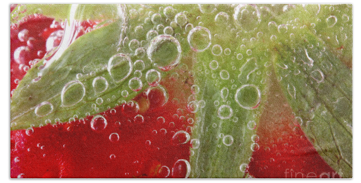 Strawberry Bath Towel featuring the photograph Macro of strawberry in water by Simon Bratt