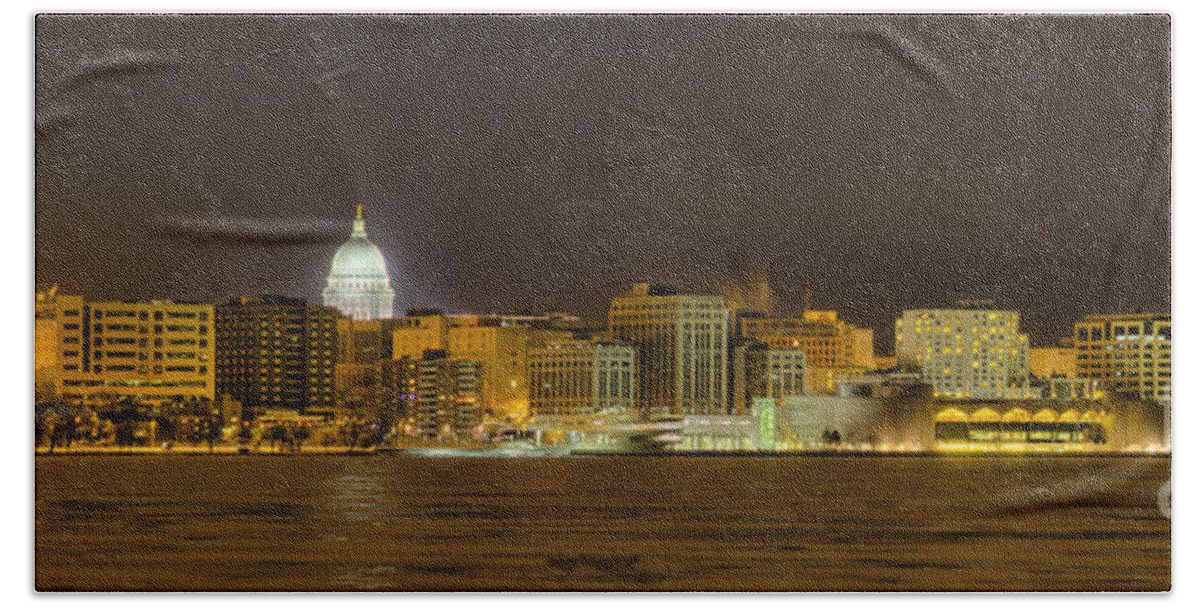 Capitol Bath Towel featuring the photograph Madison - Wisconsin City panorama - no fireworks by Steven Ralser