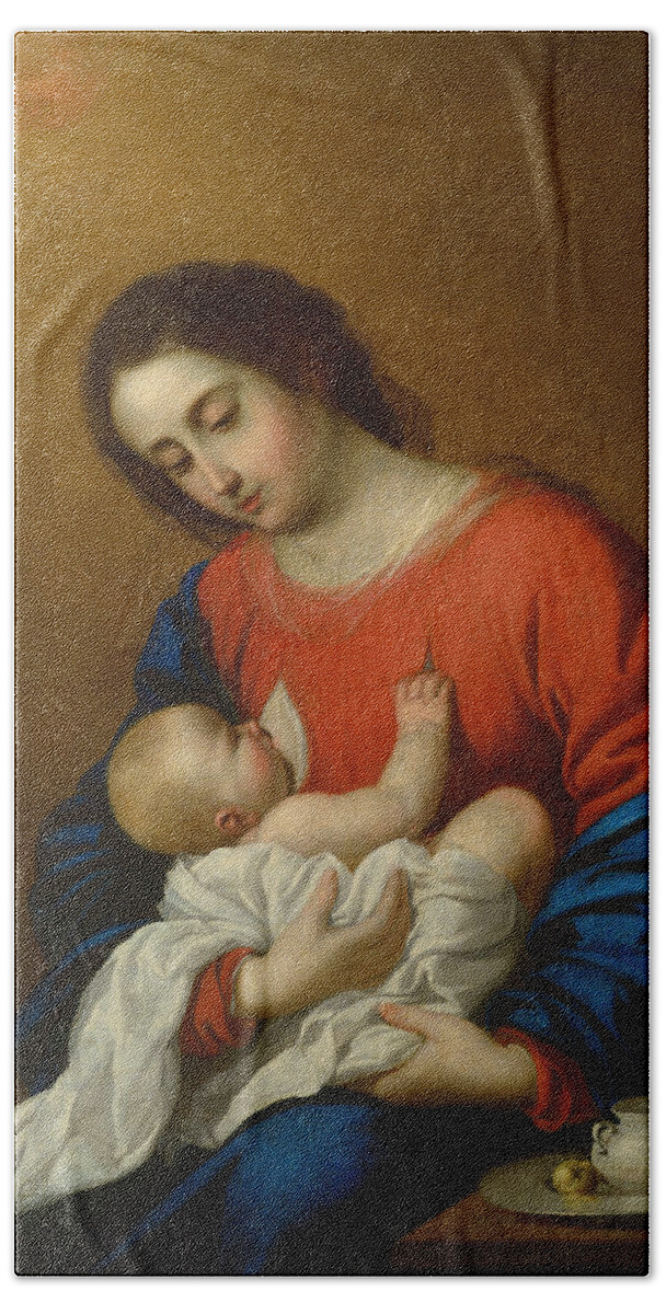 Francisco De Zurbaran Bath Towel featuring the painting Madonna and Child by Francisco de Zurbaran