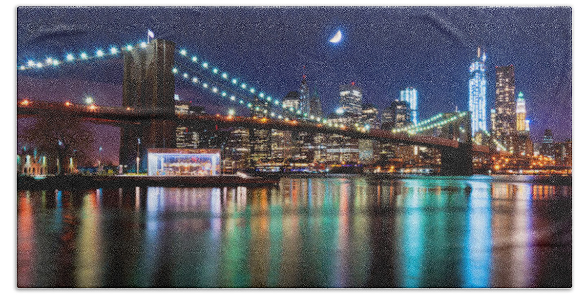 Amazing Brooklyn Bridge Bath Towel featuring the photograph Magical New York Skyline Panorama by Mitchell R Grosky