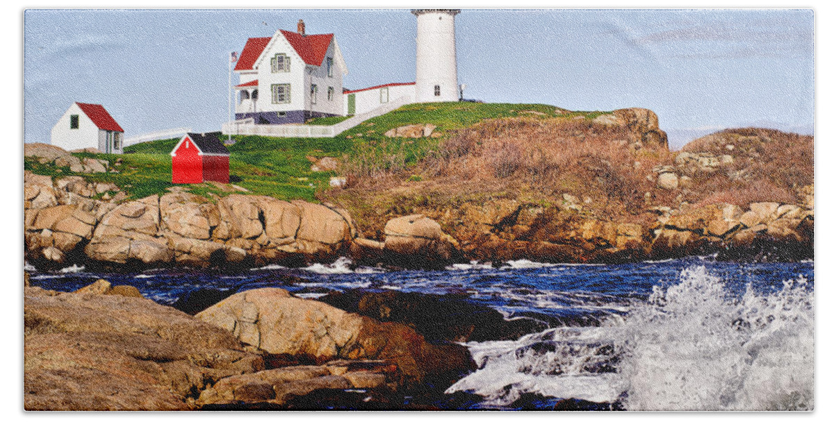 Nubble Light Bath Towel featuring the photograph Maine's Nubble Light by Mitchell R Grosky