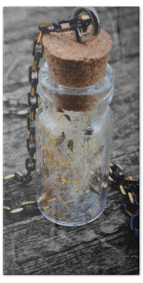 Dandelion Bath Towel featuring the photograph Make a Wish - Dandelion Seed in Glass Bottle with Gold Fairy Dust Necklace by Marianna Mills