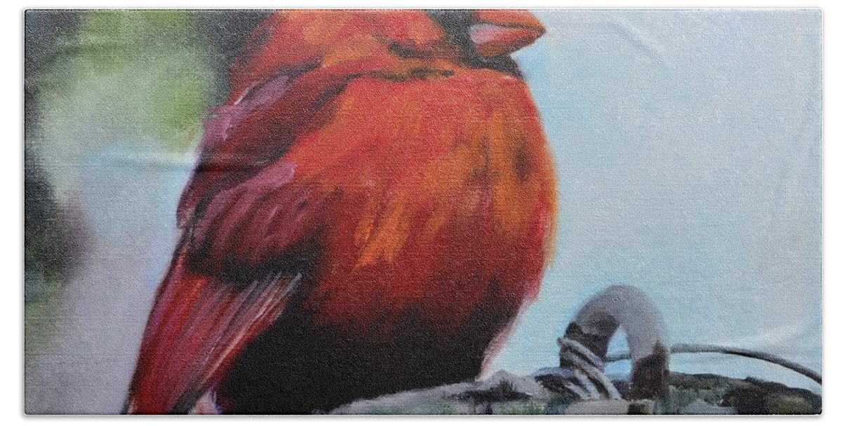 Cardinal Bath Towel featuring the painting Male Cardinal on Post by Donna Tuten