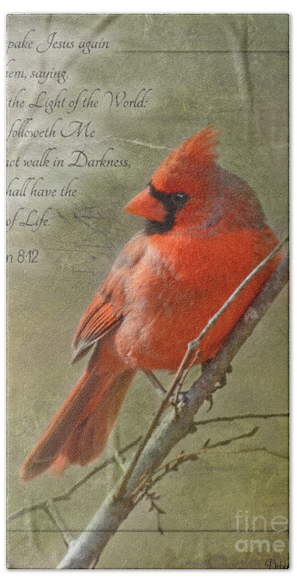 Nature Bath Towel featuring the photograph Male Cardinal on twigs with Bible Verse by Debbie Portwood