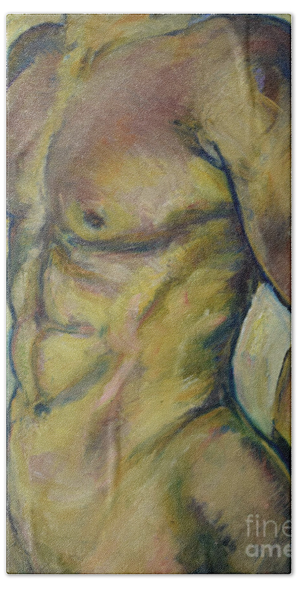 Male Torso Hand Towel featuring the painting Nude Male Torso by Raija Merila