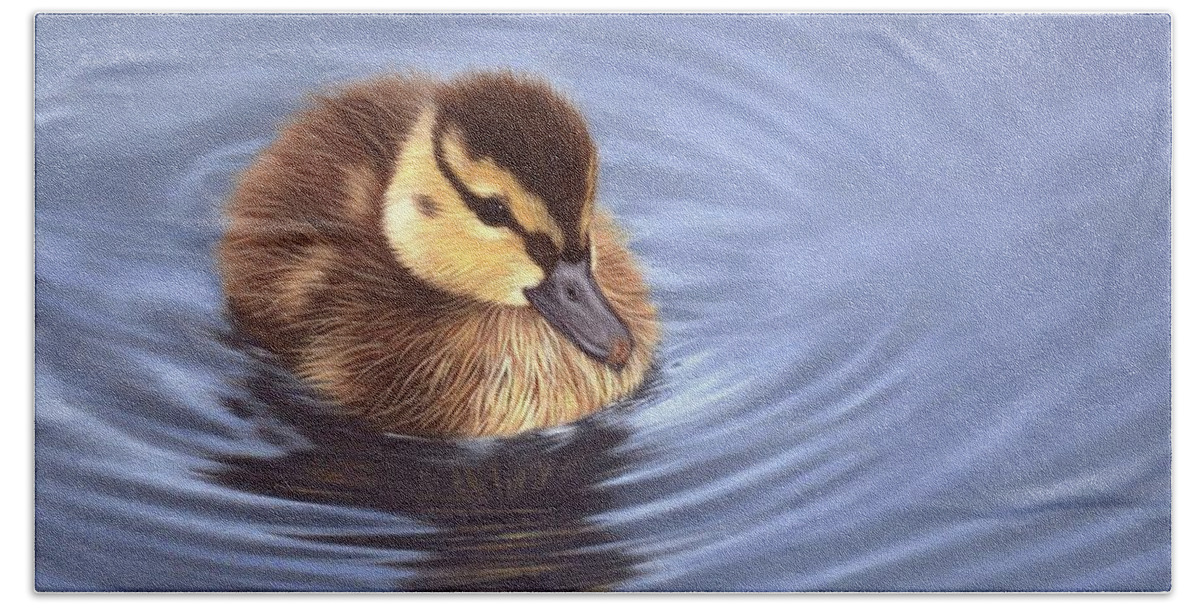 Duck Hand Towel featuring the painting Mallard Duckling Painting by Rachel Stribbling