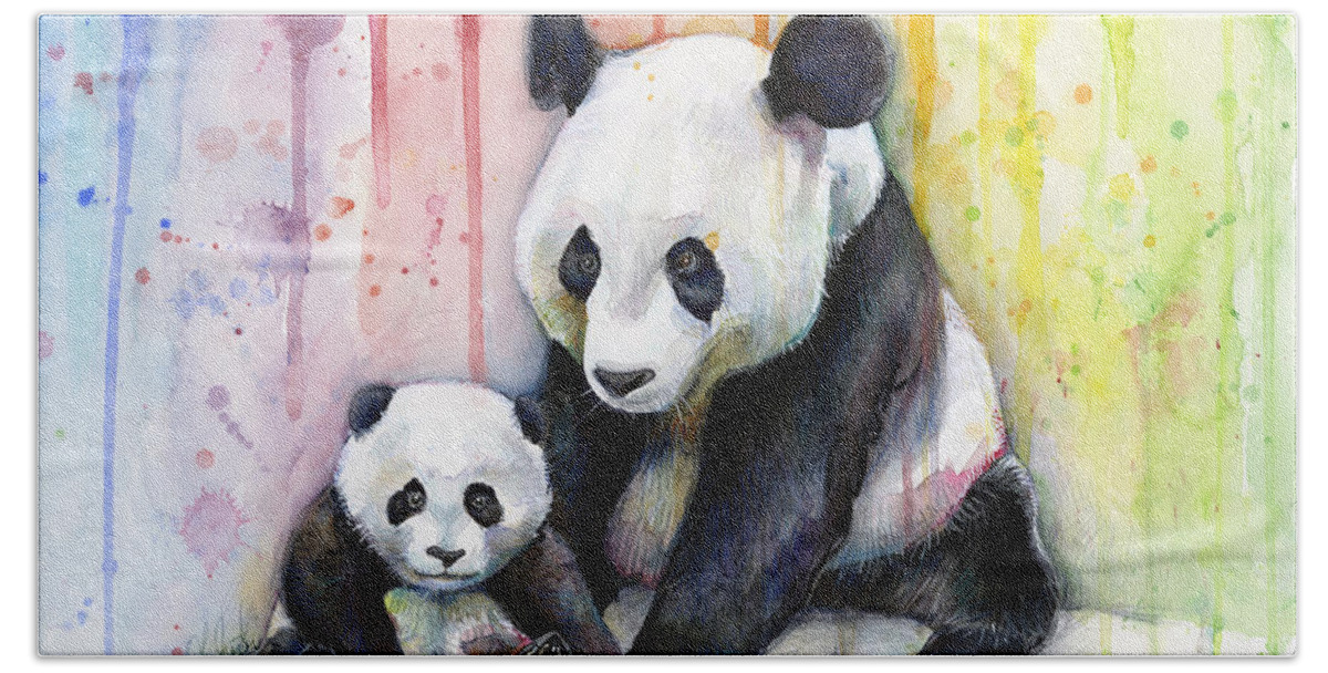 Watercolor Hand Towel featuring the painting Panda Watercolor Mom and Baby by Olga Shvartsur