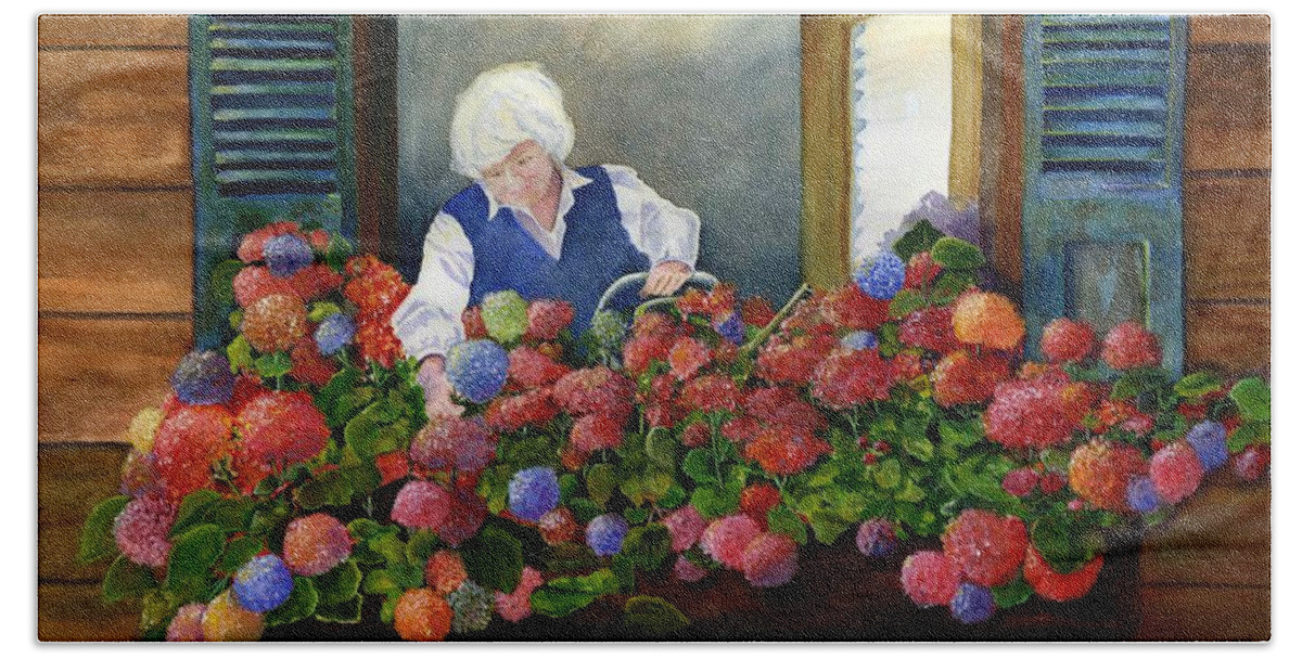 Window Hand Towel featuring the painting Zofia's Window Garden by Jane Ricker