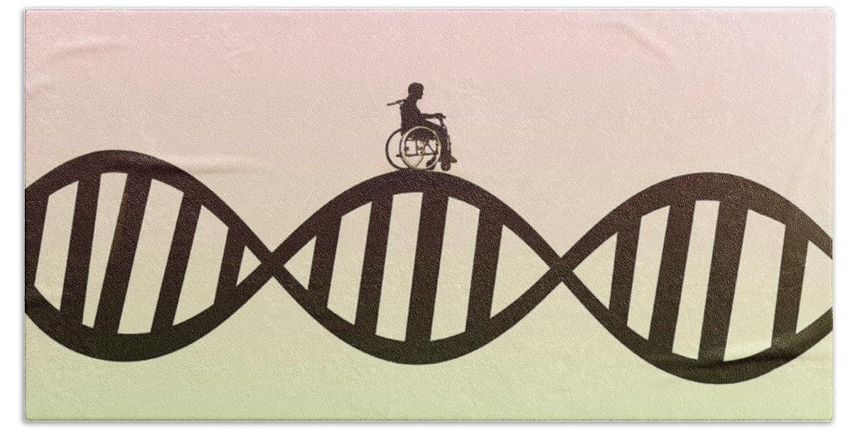 Adult Hand Towel featuring the photograph Man In Wheelchair On Dna Double Helix by Ikon Ikon Images