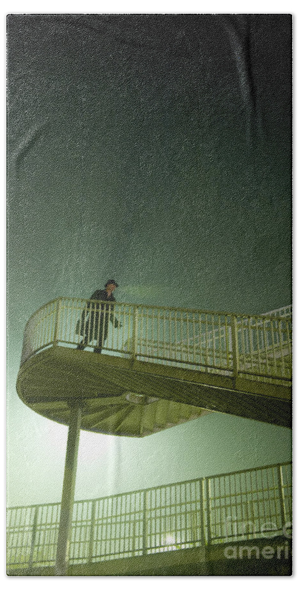 Man Hand Towel featuring the photograph Man On Stairs With Case In Fog by Lee Avison