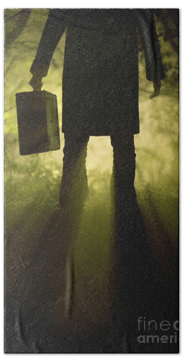 Man Bath Towel featuring the photograph Man With Case In Fog by Lee Avison