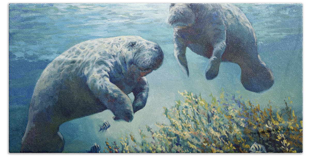 Manatees Hand Towel featuring the painting Manatee's by Laurie Snow Hein