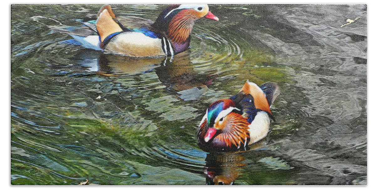 Mandarin Ducks Hand Towel featuring the photograph Mandarin Ducks by Lydia Holly