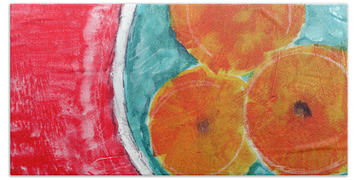 Oranges Bath Sheet featuring the painting Mandarins by Linda Woods