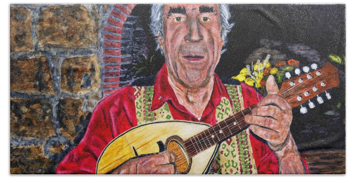 Acrylic Hand Towel featuring the painting Mandolin Player Painting by Timothy Hacker