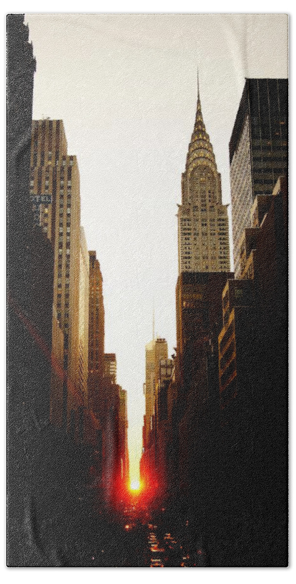 New York City Hand Towel featuring the photograph Manhattanhenge Sunset and the Chrysler Building by Vivienne Gucwa