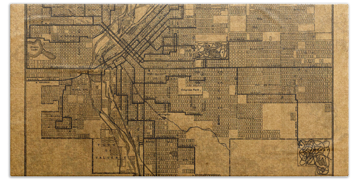 Map Bath Towel featuring the mixed media Map of Denver Colorado City Street Railroad Schematic Cartography Circa 1903 on Worn Canvas by Design Turnpike