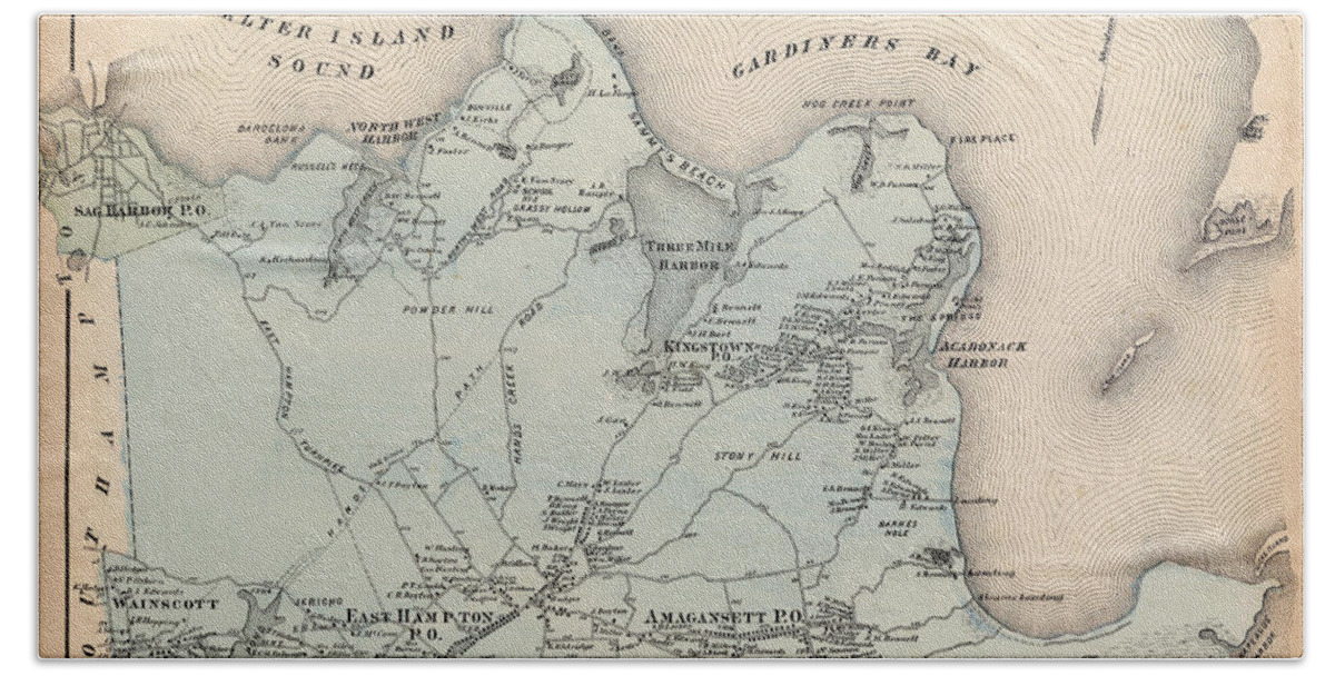 East Hampton Hand Towel featuring the photograph Map of East Hampton 1873 by Andrew Fare