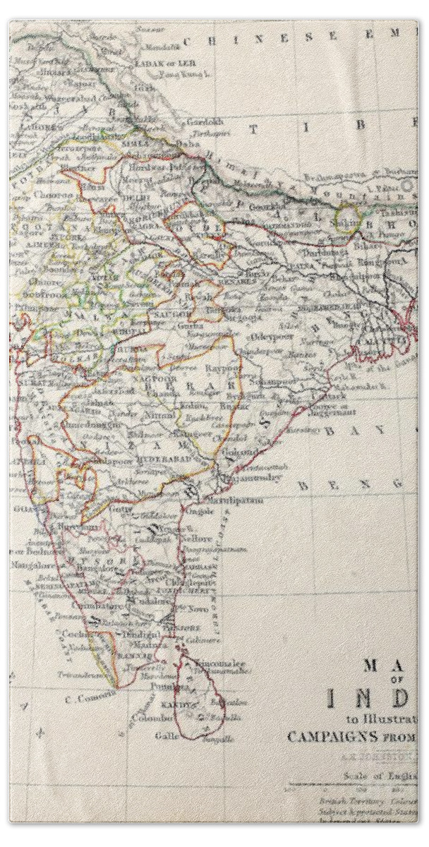 Map Bath Sheet featuring the drawing Map of India by Alexander Keith Johnson