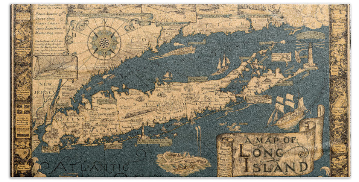 Map Of Long Island Hand Towel featuring the photograph Map of Long Island by Andrew Fare