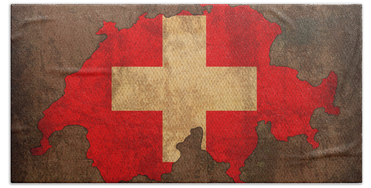 Map Of Switzerland With Flag Art On Distressed Worn Canvas Bath Towel featuring the mixed media Map of Switzerland With Flag Art on Distressed Worn Canvas by Design Turnpike