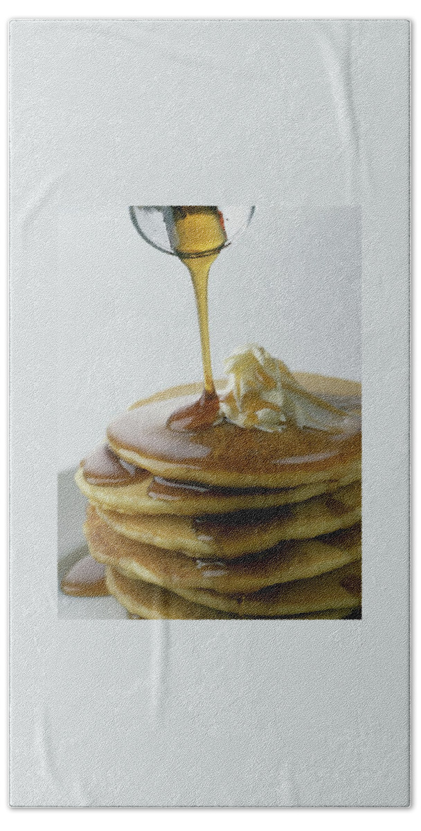 Maple Syrup Being Poured Onto A Stack Of Pancakes Bath Towel