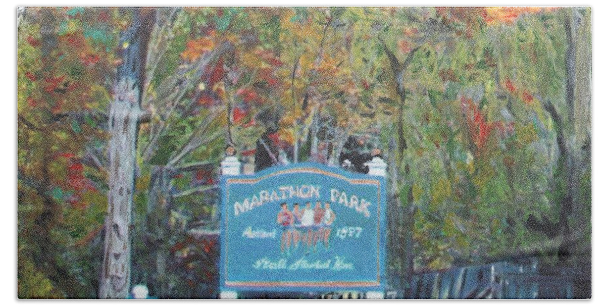 Baa Bath Towel featuring the painting Marathon Park by Cliff Wilson