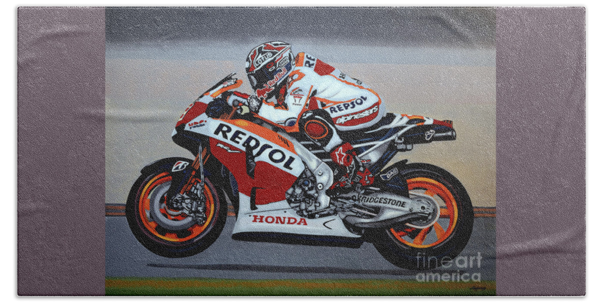 Marc Marquez Bath Towel featuring the painting Marc Marquez by Paul Meijering