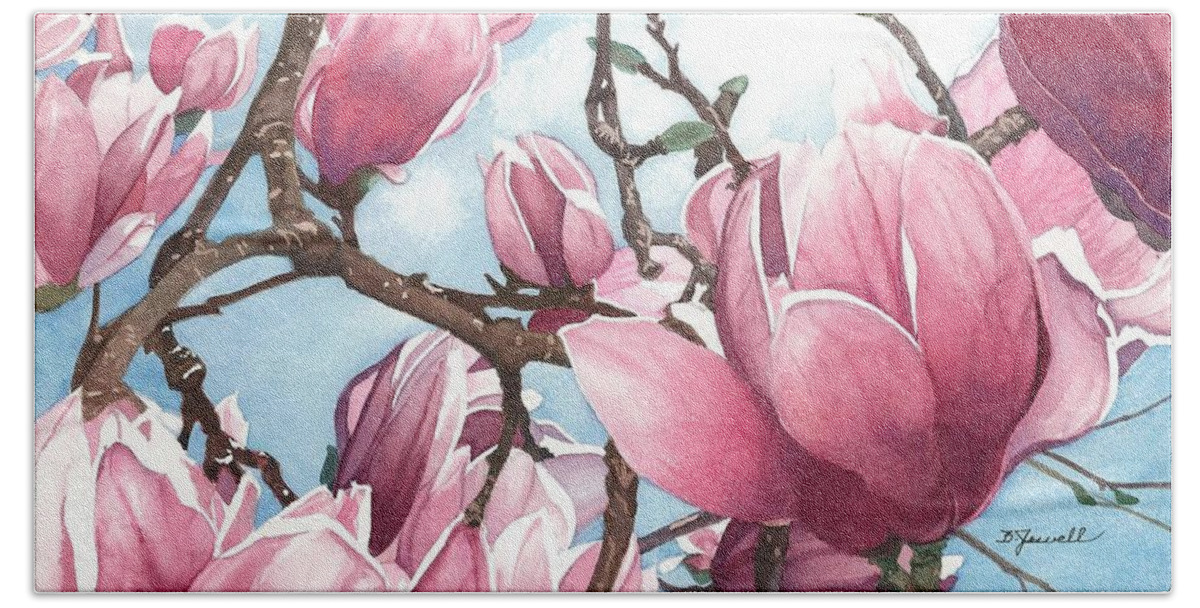 Watercolor Trees Hand Towel featuring the painting March Magnolia by Barbara Jewell