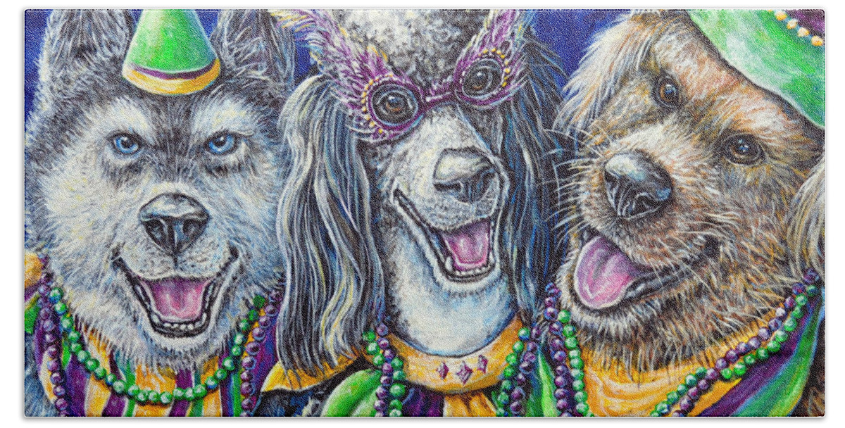 Animal Dogs Husky Poodle Golden Retreiver Mardi Gras Party Pups Fun Pets Hand Towel featuring the painting Mardi Gras Party Pups by Gail Butler