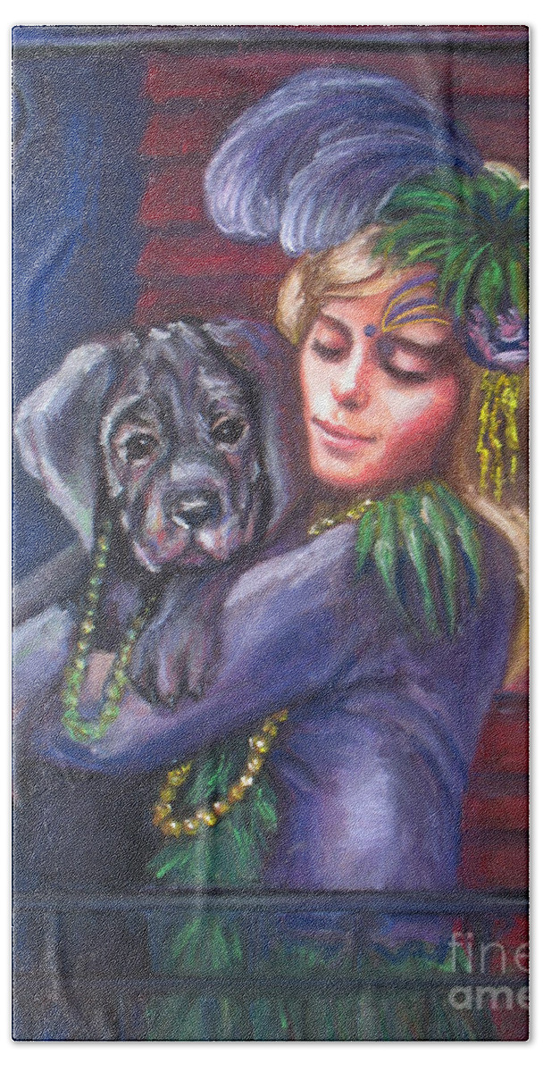 Portrait Hand Towel featuring the painting Mardi Gras Puppy by Beverly Boulet