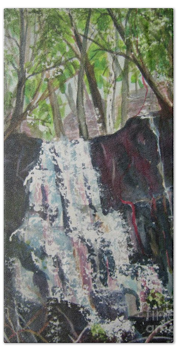 Waterfall Bath Towel featuring the painting Mariah's Falls by Ellen Levinson