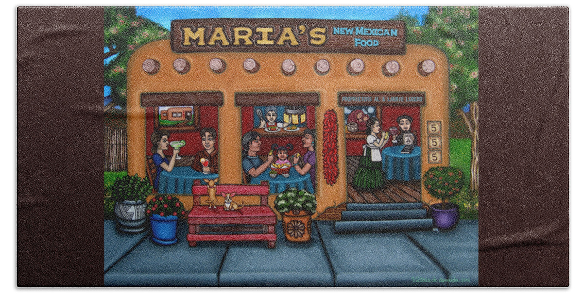 Folk Art Hand Towel featuring the painting Maria's New Mexican Restaurant by Victoria De Almeida