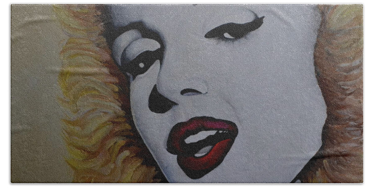 A Portrait Of Marilyn Monroe In Her Young Years In Hollywood. Marilyns Face Is Painted In Black And White While Her Hair Is Blonde And The Lips Are Red. I Painted Her Face White Because I Wanted A Dramatic Contrast To Her Blonde.  Hand Towel featuring the painting Marilyn Monroe 1 by Martin Schmidt