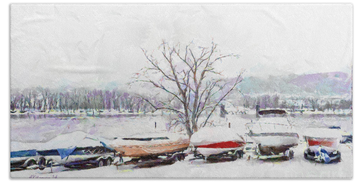 Boats Hand Towel featuring the painting Marina in Winter by Anne Kitzman