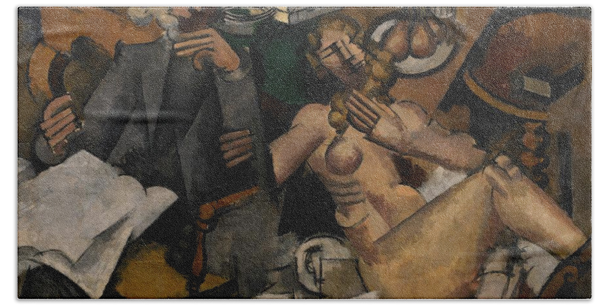 Male; Female; Man; Woman; Interior; Couple; Husband; Wife; Smoking; Eating; Nude; Reading; Newspaper; Books; Cubist; Cubism; Marriage; Married; Matrimony Bath Towel featuring the painting Married Life by Roger de la Fresnaye